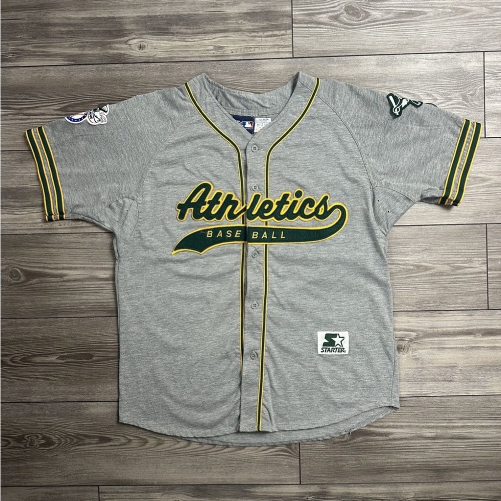STARTER Gray and Green Athletics Baseball Jersey